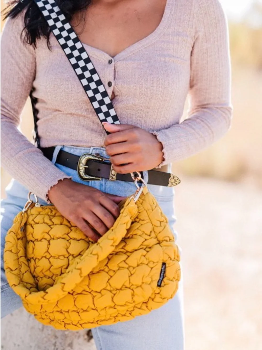 Modern + Chic Yellow Quilted Shoulder Bag with Checkerboard Strap